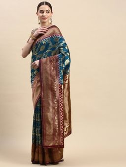 VAIRAGEE - Navy Blue Woven Design Ethnic Motifs Zari Banarasi Saree with Unstitched Blouse