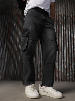 High Star - Men Cotton Washed Straight Fit Mid-Rise Jeans - Black