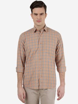 Greenfibre - Mens 100% Cotton Checked Light Orange Slim Fit Semi Casual Shirt