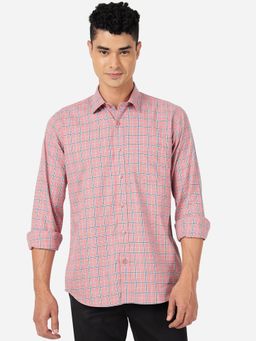 Greenfibre - Mens 100% Cotton Checked Slim Fit Semi Casual Shirt Pink