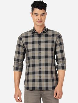 JadeBlue - Mens 100% Cotton Checked Slim Fit Casual Shirt Black & Beige