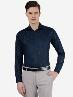 JB Studio - Mens 100% Cotton Printed Navy Blue Slim Fit Formal Shirt