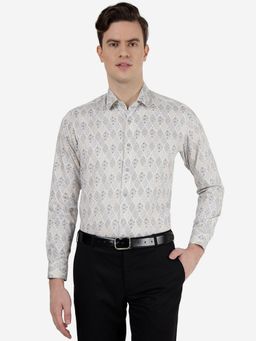 Greenfibre - Mens 100% Cotton Printed Cream Slim Fit Formal Shirt