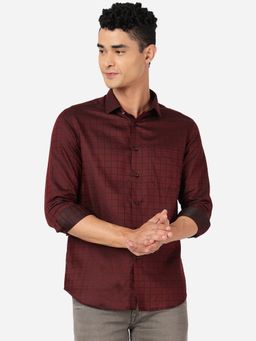 Greenfibre - Mens 100% Cotton Checked Slim Fit Party Wear Shirt Maroon