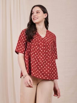 Pink Fort - Cotton Ajrakh Polka Print Red Top