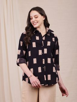 Pink Fort - Cotton Ajrakh Geometric Black Print Shirt
