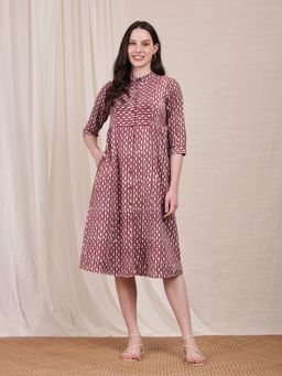 Pink Fort - Cotton Dabu Purple Printed Flared Midi Dress