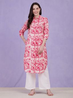 Pink Fort - Cotton Batik Printed Collared Pink Kurta With Pant (Set of 2)