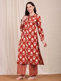 Pink Fort - Cotton Dabu Floral Red & Beige Kurta With Pant (Set of 2)