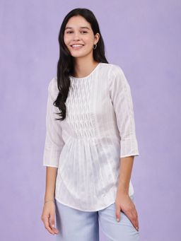 Pink Fort - Cotton Self Design Pintuck White Top