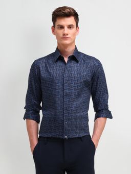 Arrow Newyork - Geometric Blue Full Sleeves Collar Neck Slim Fit Shirt