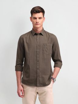 Arrow Sports - Stripe Brown Full Sleeves Collar Neck Slim Fit Shirt