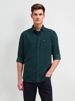 Arrow Sports - Solid Green Full Sleeves Collar Neck Slim Fit Shirt