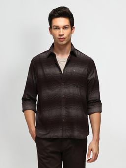 Arrow Sports - Stripe Dark Brown Full Sleeves Collar Neck Regular Fit Shirt