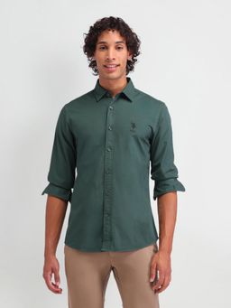 U.S. Polo Assn. Denim Co. - Solid Green Full Sleeves Collar Neck Slim Fit Shirt
