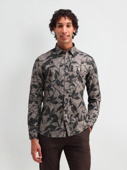 U.S. Polo Assn. Denim Co. - Floral Printed Taupe Full Sleeves Collar Neck Slim Fit Shirt