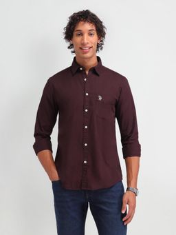 U.S. Polo Assn. Denim Co. - Solid Maroon Full Sleeves Collar Neck Slim Fit Shirt
