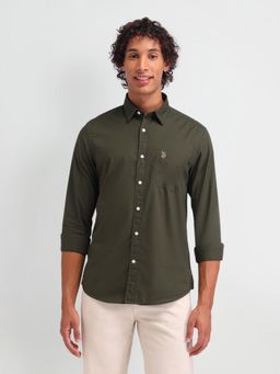 U.S. Polo Assn. Denim Co. - Solid Olive Full Sleeves Collar Neck Slim Fit Shirt