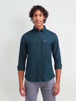 U.S. Polo Assn. Denim Co. - Solid Dark Green Full Sleeves Collar Neck Slim Fit Shirt