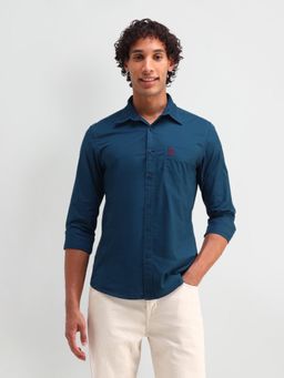 U.S. Polo Assn. Denim Co. - Solid Blue Full Sleeves Collar Neck Slim Fit Shirt