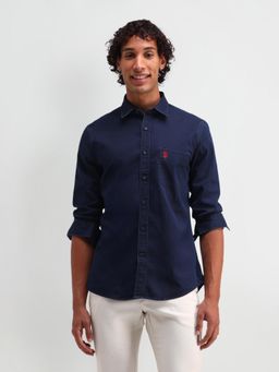 U.S. Polo Assn. Denim Co. - Solid Navy Blue Half Sleeves Collar Neck Slim Fit Shirt