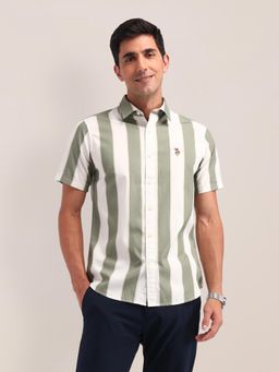 U.S. POLO ASSN. - Stripe Olive Half Sleeves Collar Neck Regular Fit Shirt