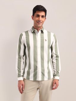 U.S. POLO ASSN. - Stripe Olive Full Sleeves Collar Neck Regular Fit Shirt