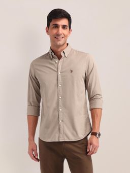 U.S. POLO ASSN. - Solid Beige Full Sleeves Collar Neck Regular Fit Shirt