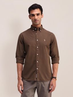 U.S. POLO ASSN. - Solid Brown Full Sleeves Collar Neck Regular Fit Shirt
