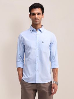 U.S. POLO ASSN. - Solid Blue Full Sleeves Collar Neck Regular Fit Shirt