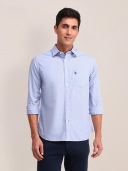 U.S. POLO ASSN. - Solid Blue Full Sleeves Collar Neck Regular Fit Shirt