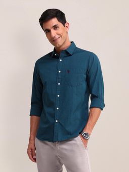 U.S. POLO ASSN. - Solid Teal Full Sleeves Collar Neck Regular Fit Shirt