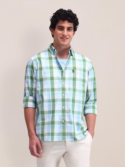 U.S. POLO ASSN. - Checks Green Full Sleeves Collar Neck Regular Fit Shirt