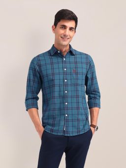U.S. POLO ASSN. - Checks Teal Full Sleeves Collar Neck Regular Fit Shirt