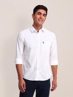 U.S. POLO ASSN. - Textured White Full Sleeves Collar Neck Regular Fit Shirt
