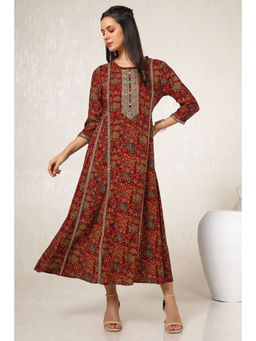 Soch - Red Rayon Ethnic Sequins Work Motifs Dress