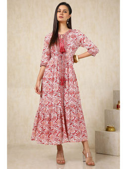 Soch - Peach Cotton Floral Print Faux Mirror Dress with Jacket (Set of 2)