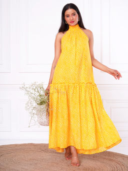 SALVIA SKY - Yellow Leheriya Halter Neck Dress