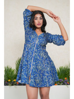 SALVIA SKY - Blue Floral Print Gota Dress