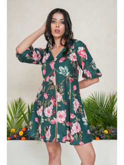 SALVIA SKY - Green Floral Print Gota Dress