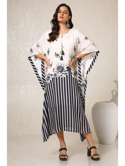 Soch - White Muslin Blend Floral Print Tassels Kaftan