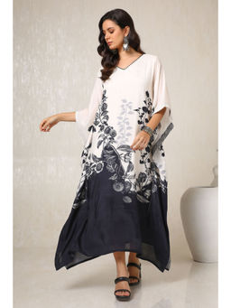 Soch - White & Blue Muslin Blend Floral Beads Kaftan