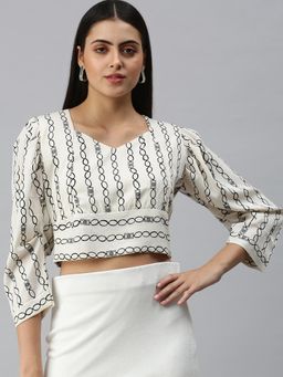 SHOWOFFFF - Women Sweetheart Three Fourth Sleeves Stripes Off White Crop Top
