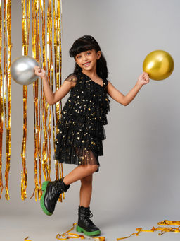 Lil Drama - Glam Up Girls Black Tiered Shimmer Party Dress