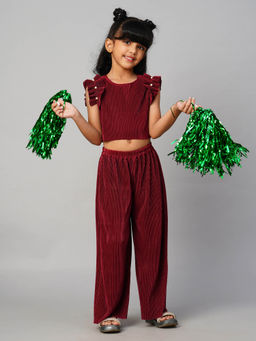 Lil Drama - Glam up Girls Maroon Party Top with Pant Co-ordinate (Set of 2)