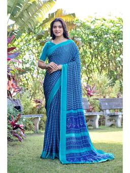 Nyri - Womens Blue Daily Wear Printed Crepe Saree