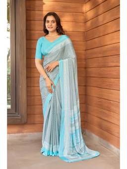 Nyri - Womens Blue Daily Wear Printed Crepe Saree