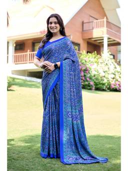 Nyri - Womens Blue Daily Wear Printed Crepe Saree