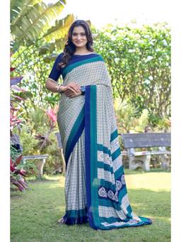 Nyri - Womens White Daily Wear Printed Crepe Saree