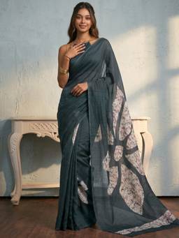 Nyri - Printed Dusty Rama Navy Blue Linen Cotton Pre Draped Saree